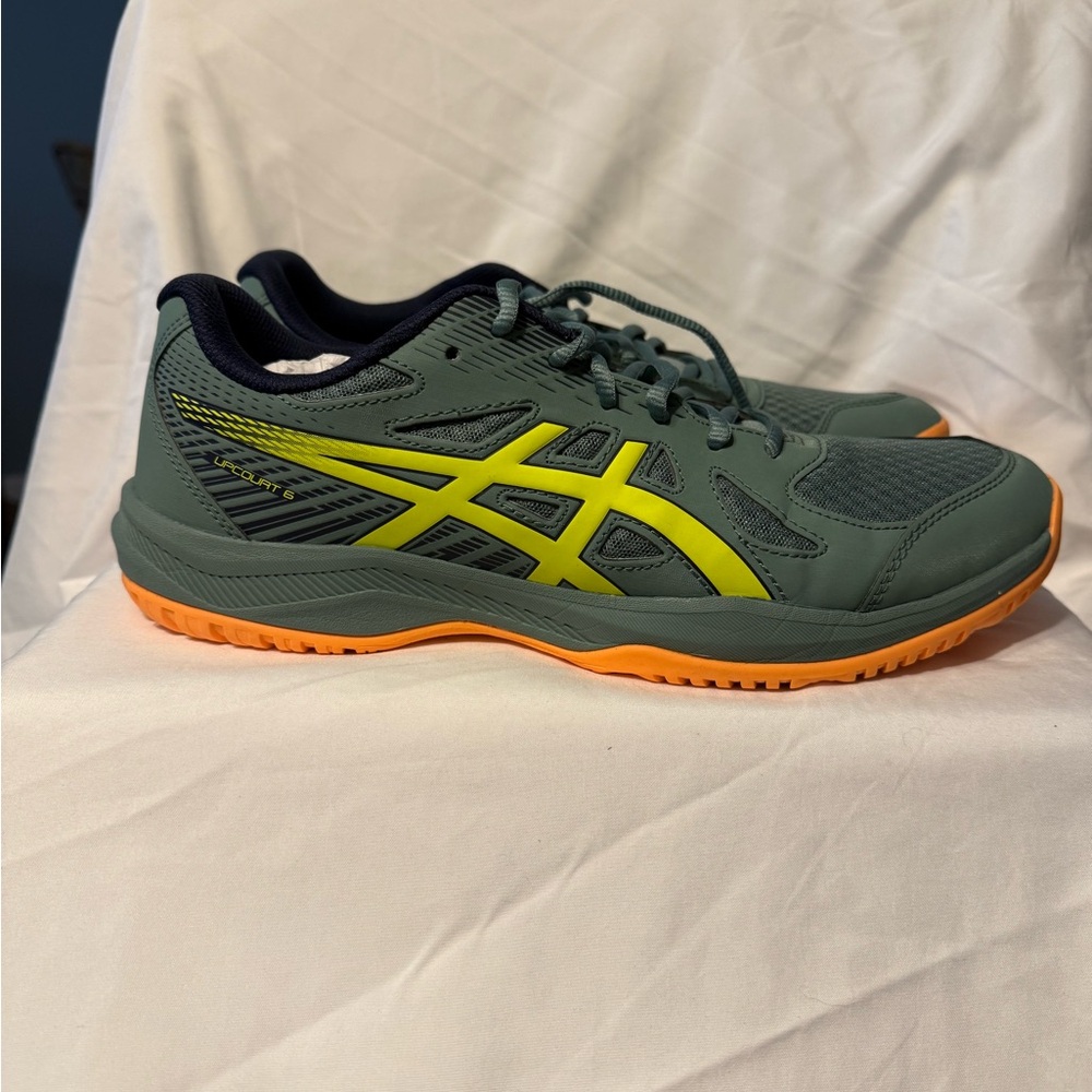 ASICS Men's UpCourt 6 Athletic Shoes in Green and Yellow with Orange Accents